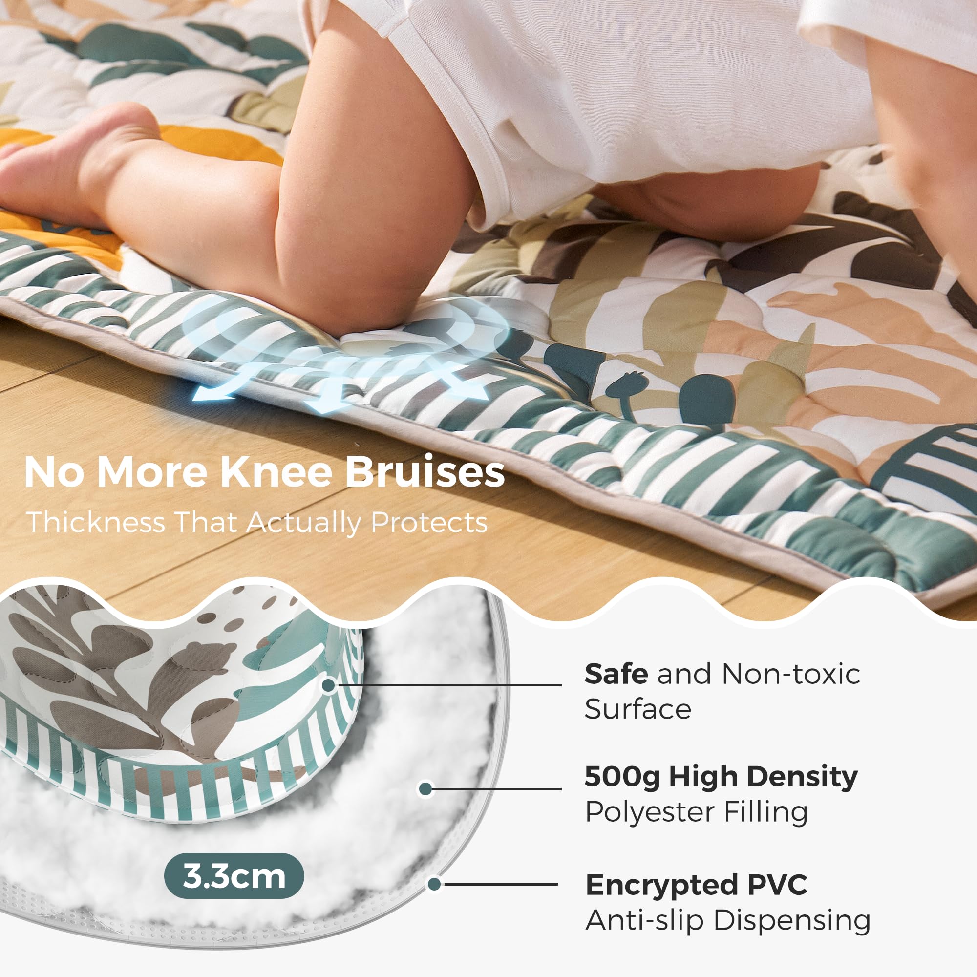 Momcozy thick padding cushions tiny bumps during play.
