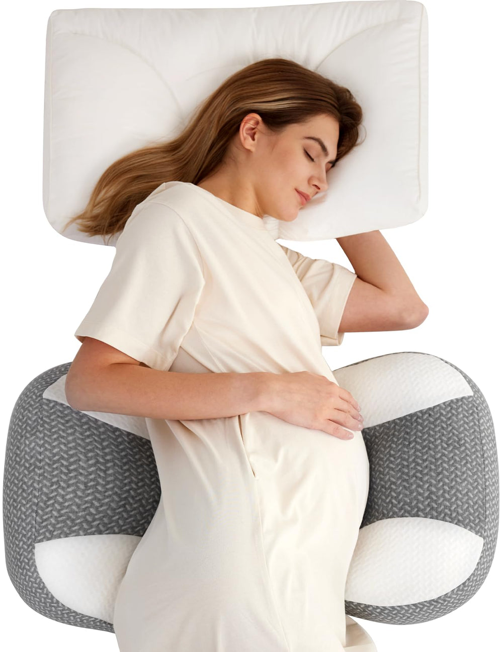 Momcozy Plus W-Shape Pregnancy Pillow showcases a compact design for easy bedside storage.