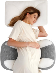Momcozy Plus W-Shape Pregnancy Pillow showcases a compact design for easy bedside storage.