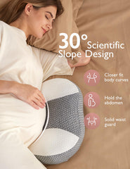 Momcozy Plus W-Shape Side-Sleeper relief supports back and hips while resting.