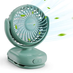 Momcozy portable clip fan attached to a stroller for cooling on-the-go