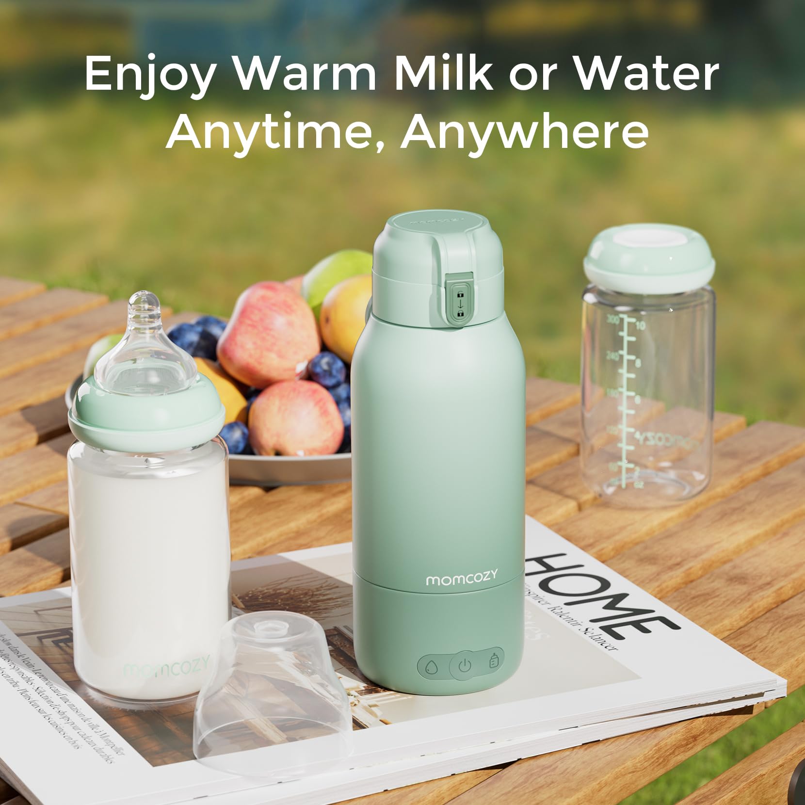 Momcozy milk warmer used in car or park for on-the-go feeding