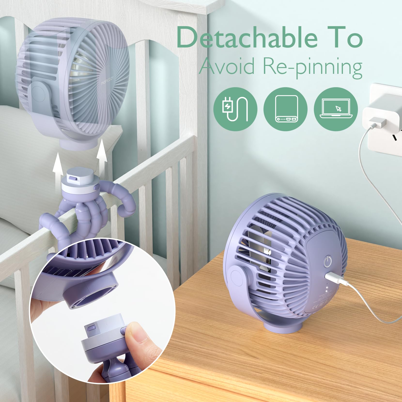 Momcozy fan head and tripod detach for easy charging and setup.