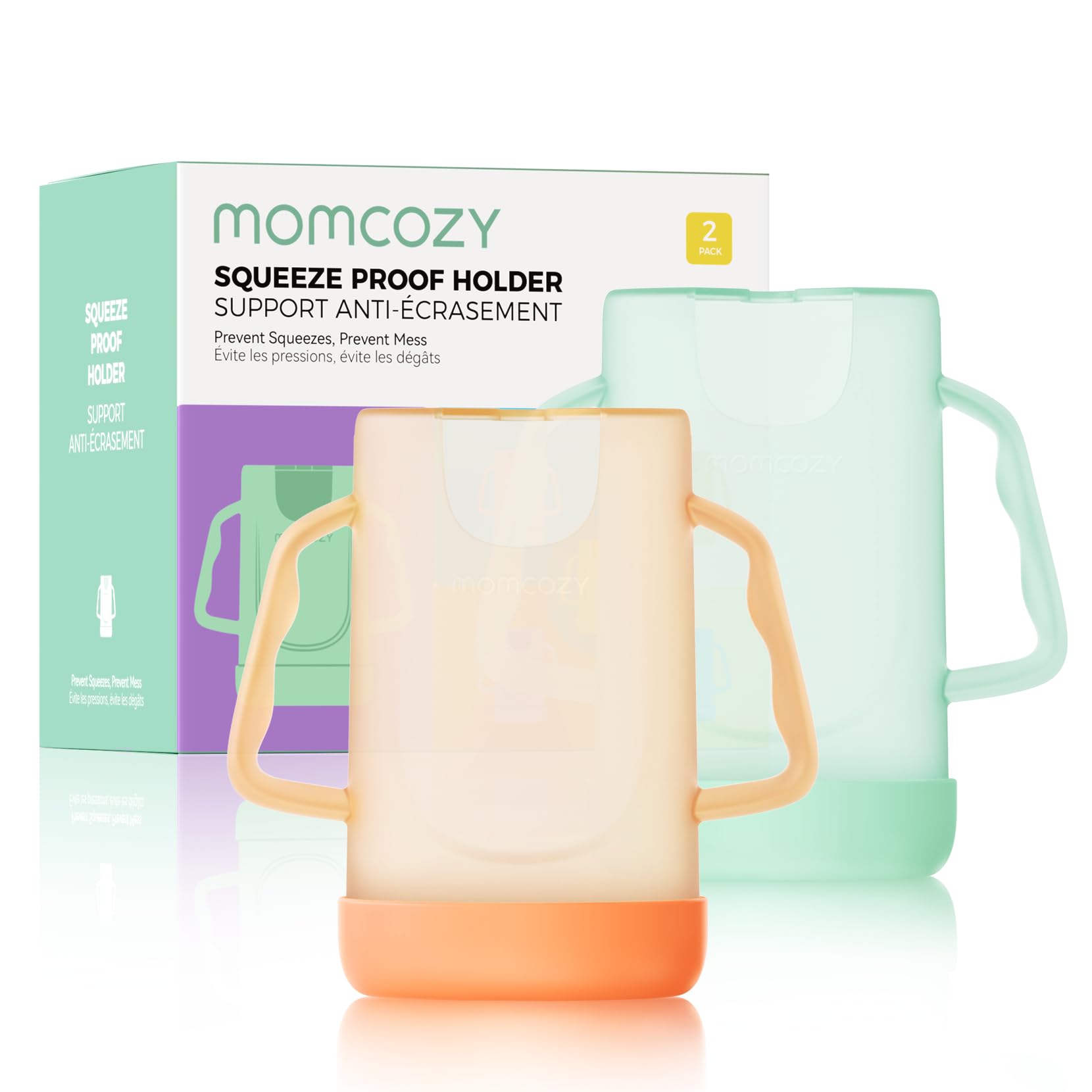 Momcozy pouch holder with ergonomic no-squeeze handle supports easy grip for self-feeding.