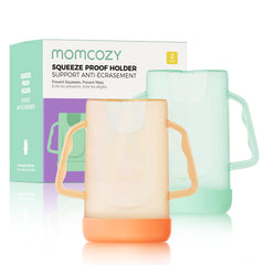 Momcozy pouch holder with ergonomic no-squeeze handle supports easy grip for self-feeding.
