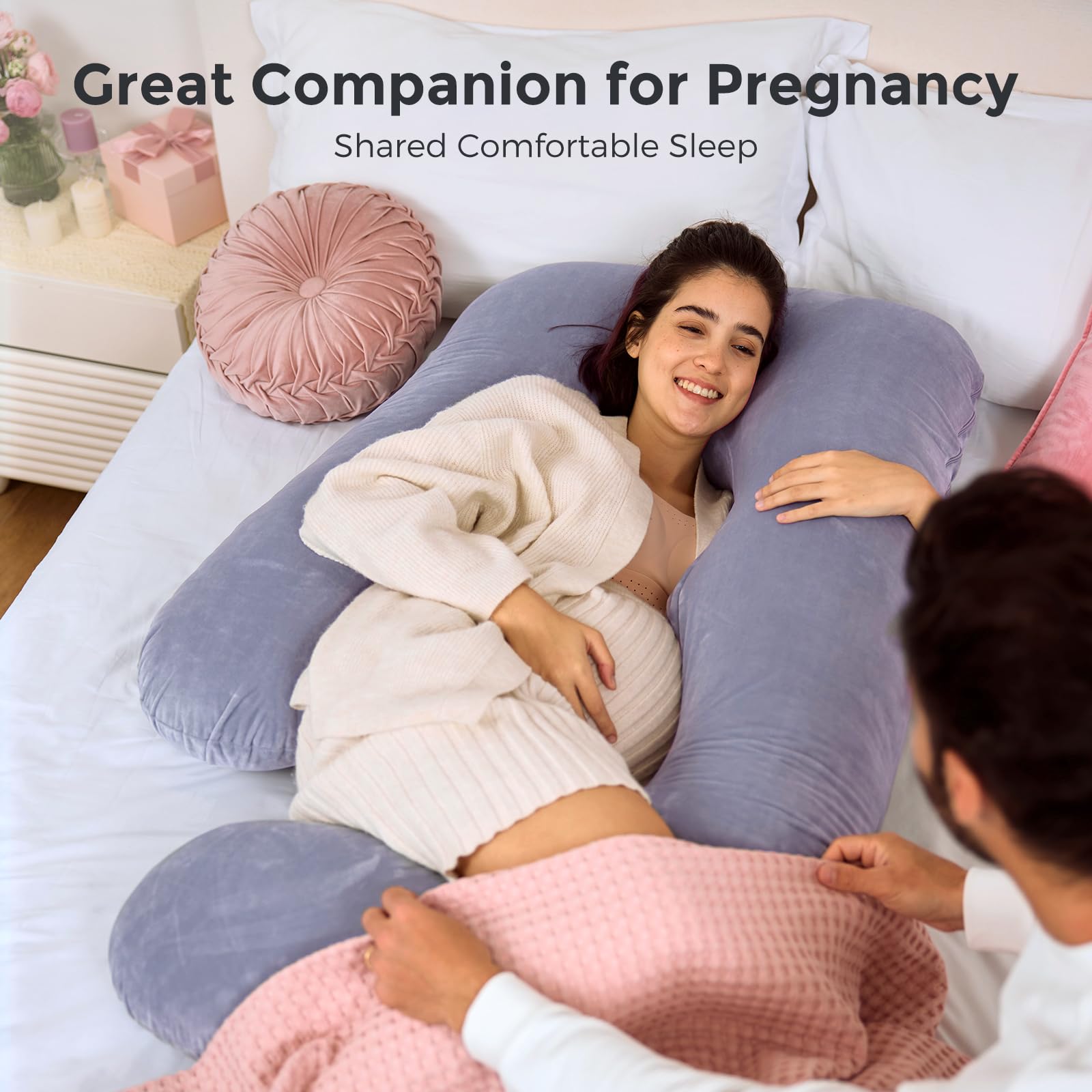 Momcozy belly-support segment relieves pressure for comfortable pregnancy lounging.
