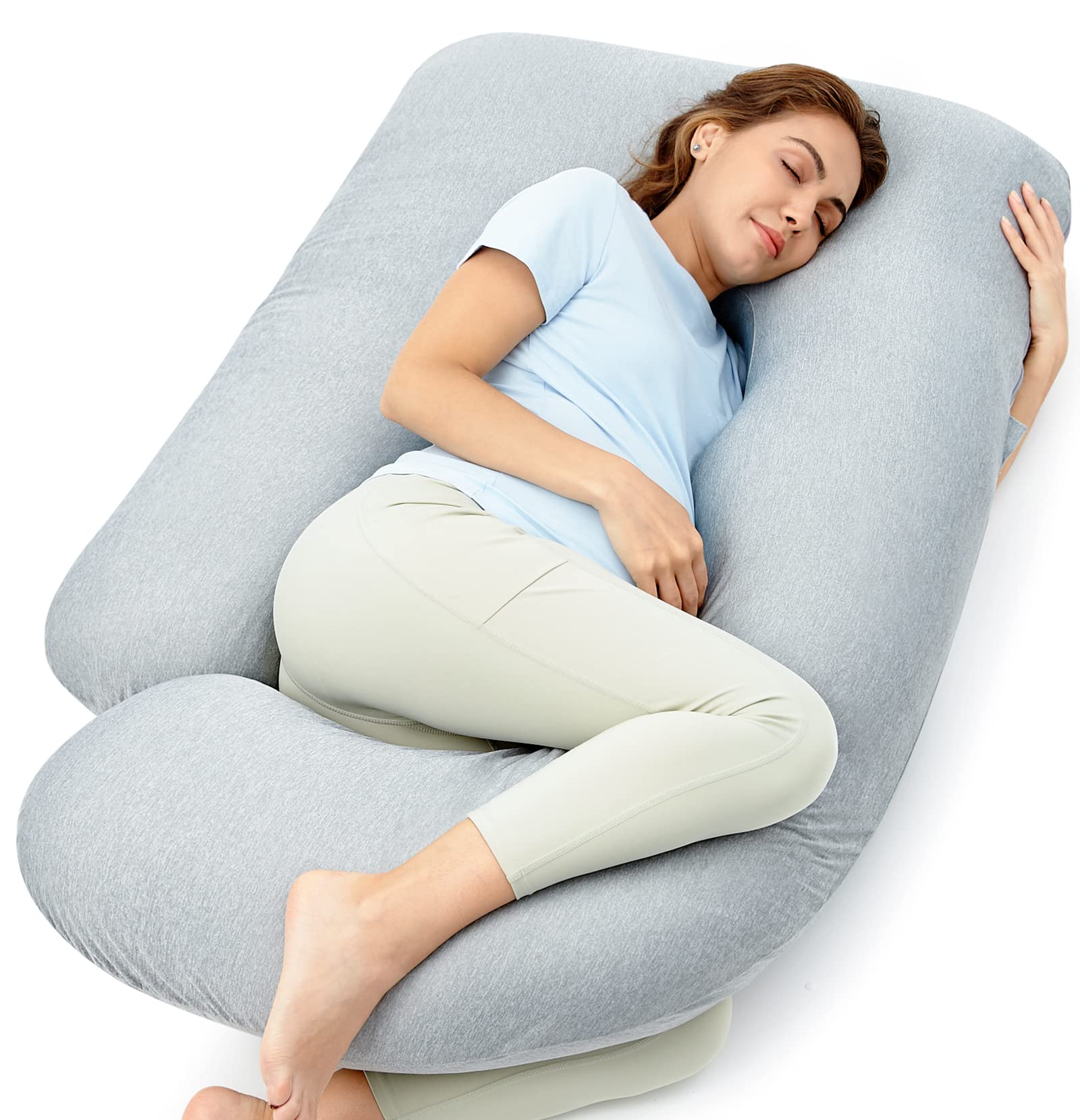 Momcozy pregnancy pillow cooling cover supports cool, comfortable sleep for the whole night