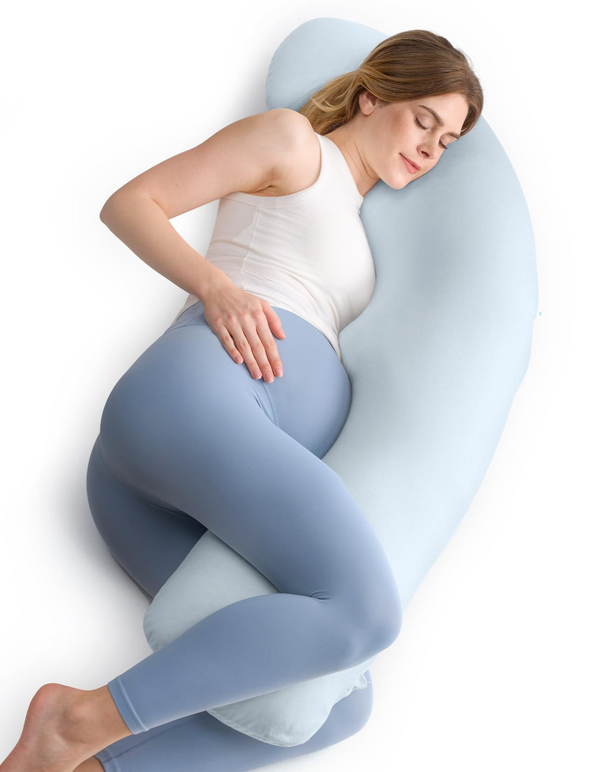 Momcozy J-shaped pregnancy pillow supports side sleeping with full-body comfort