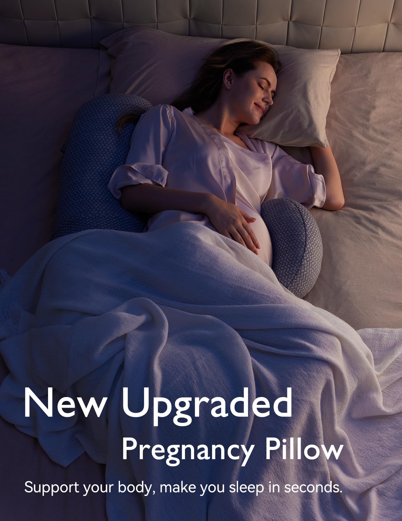 Momcozy pillow in bed demonstrates full-body support for side sleeping