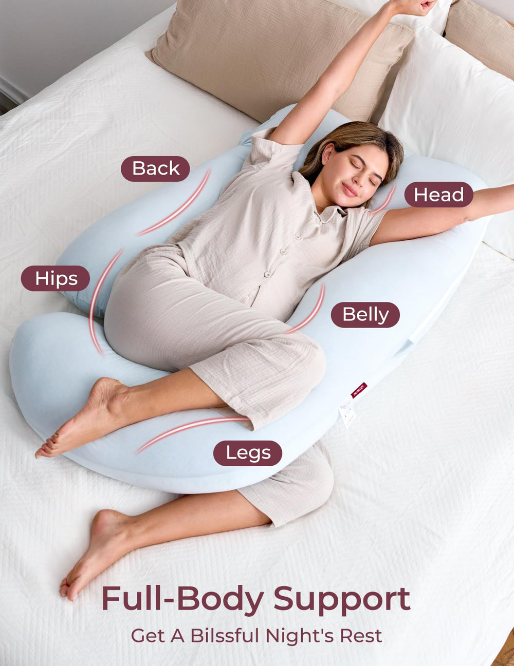 Momcozy belly support helps maintain ergonomic sleeping positions.
