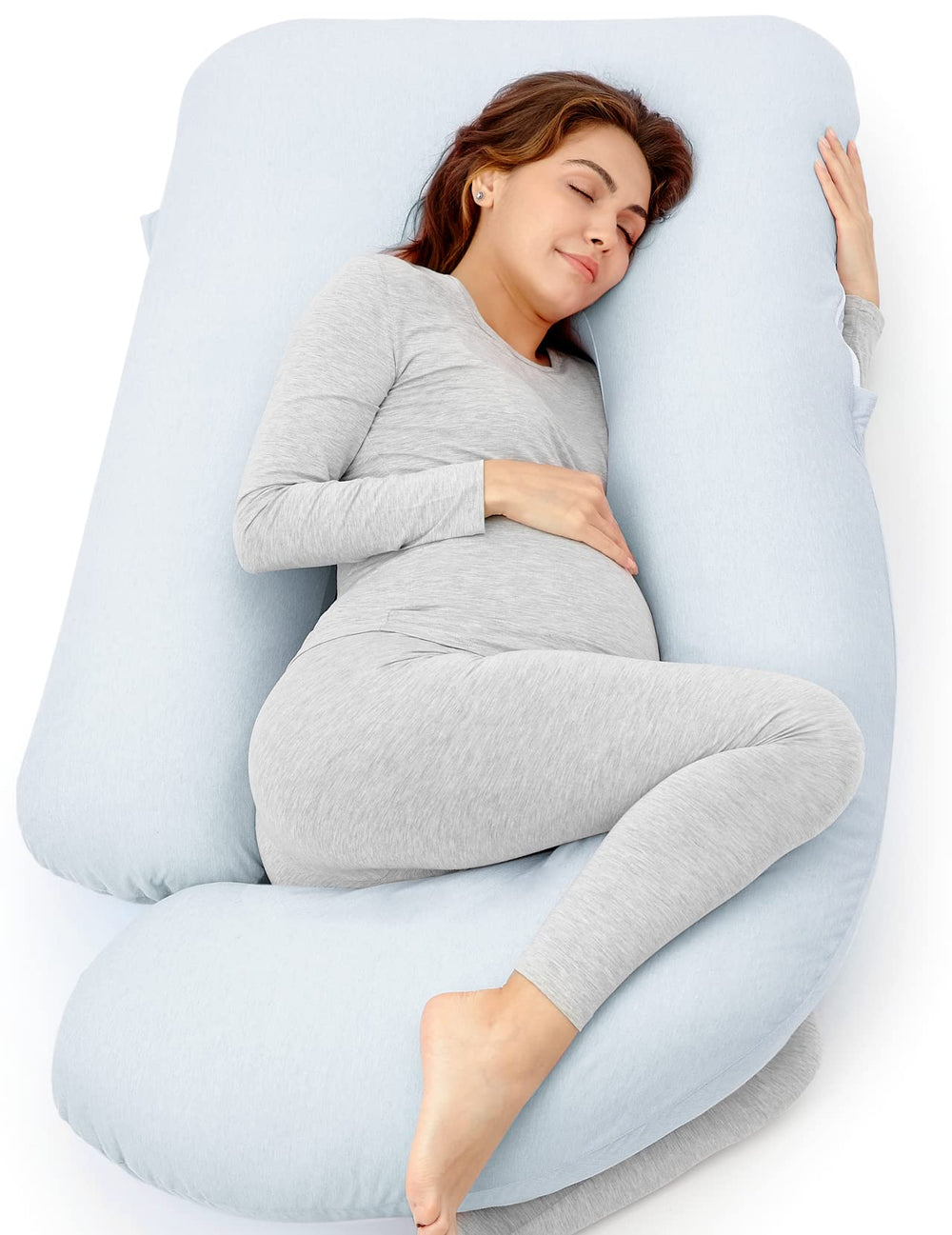 Momcozy U-shaped pregnancy pillow provides full-body support for comfortable sleep.