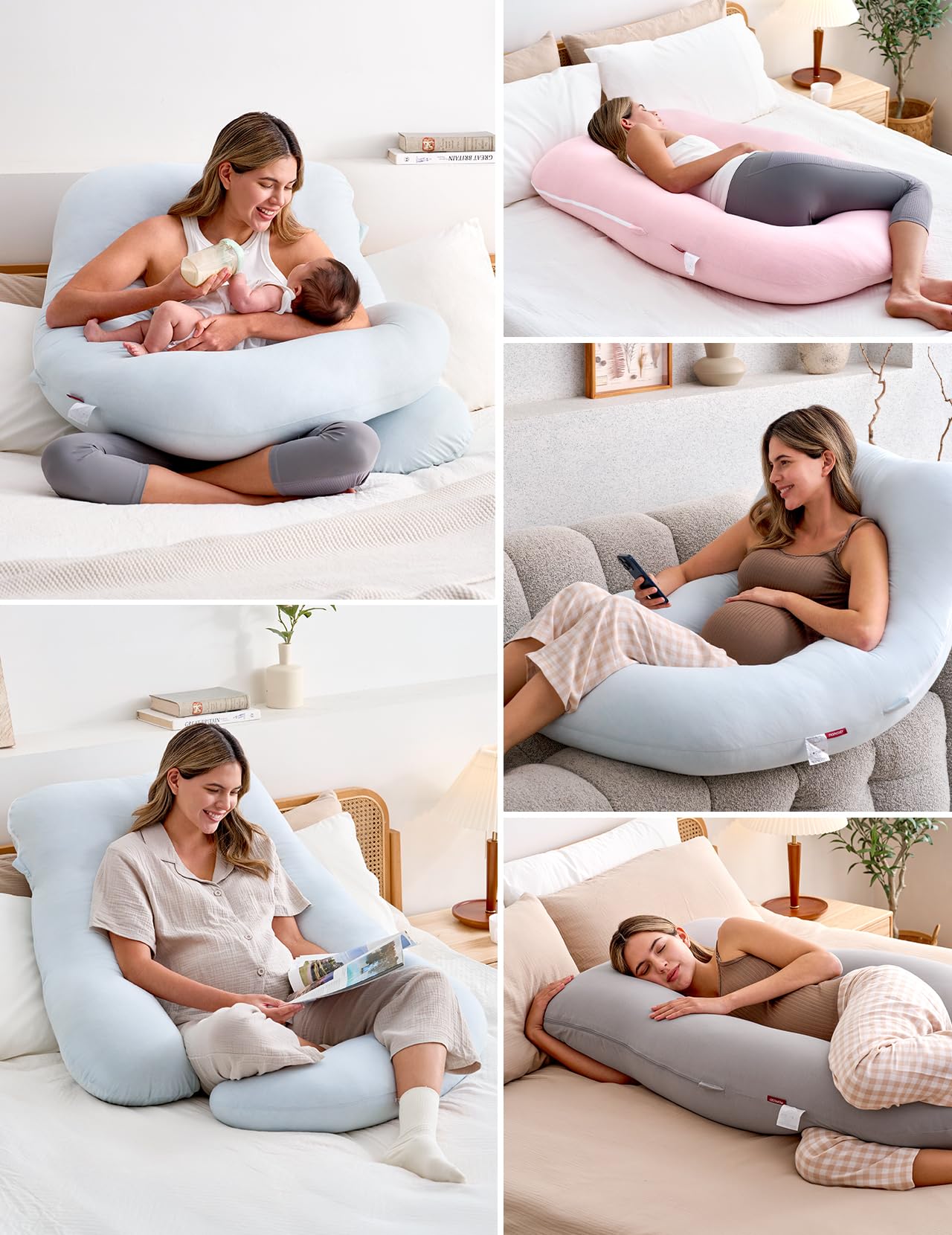 Momcozy pillow adapts for nursing, reading, or watching TV.