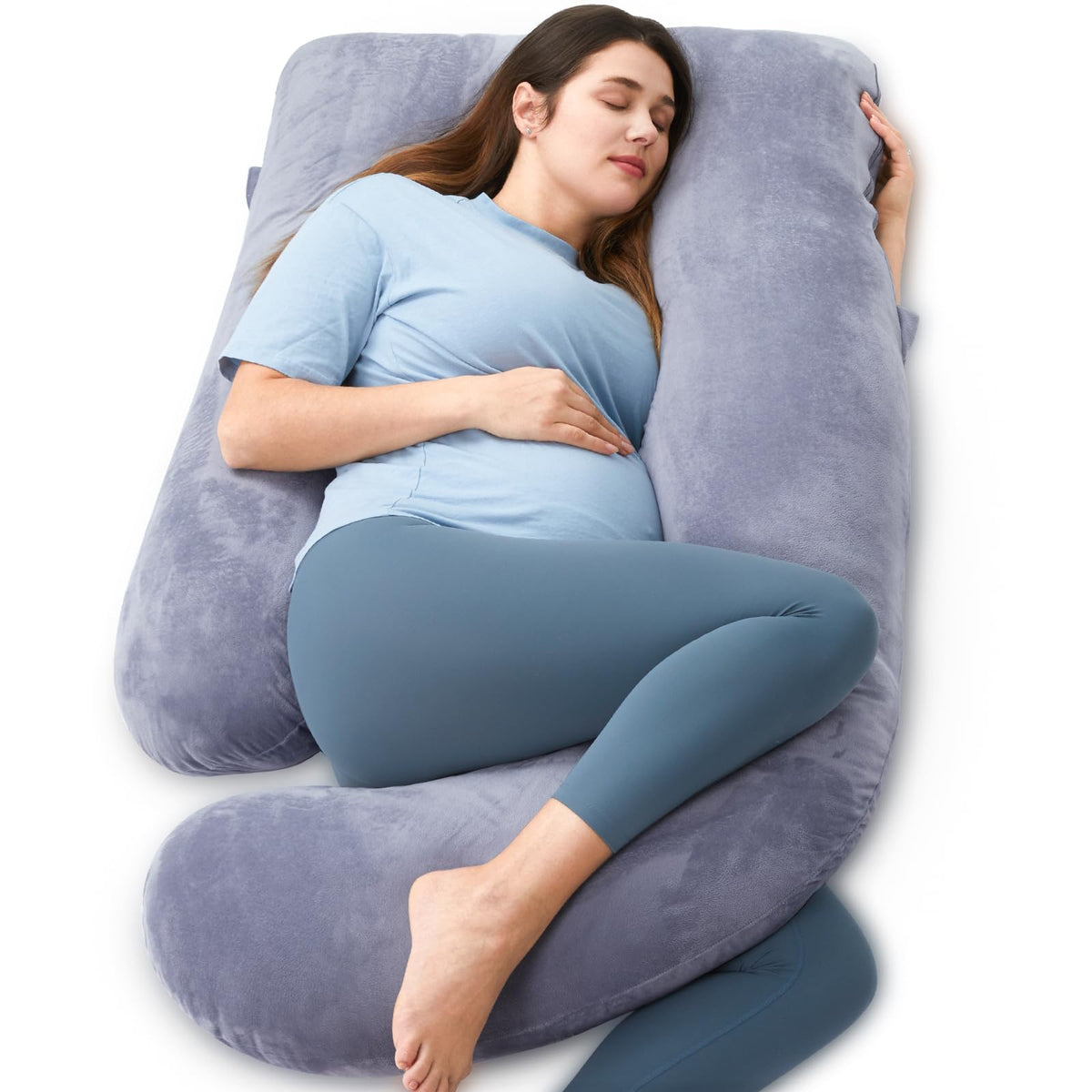 Momcozy pregnancy pillow U-shape full body grey for all-night back and belly support.