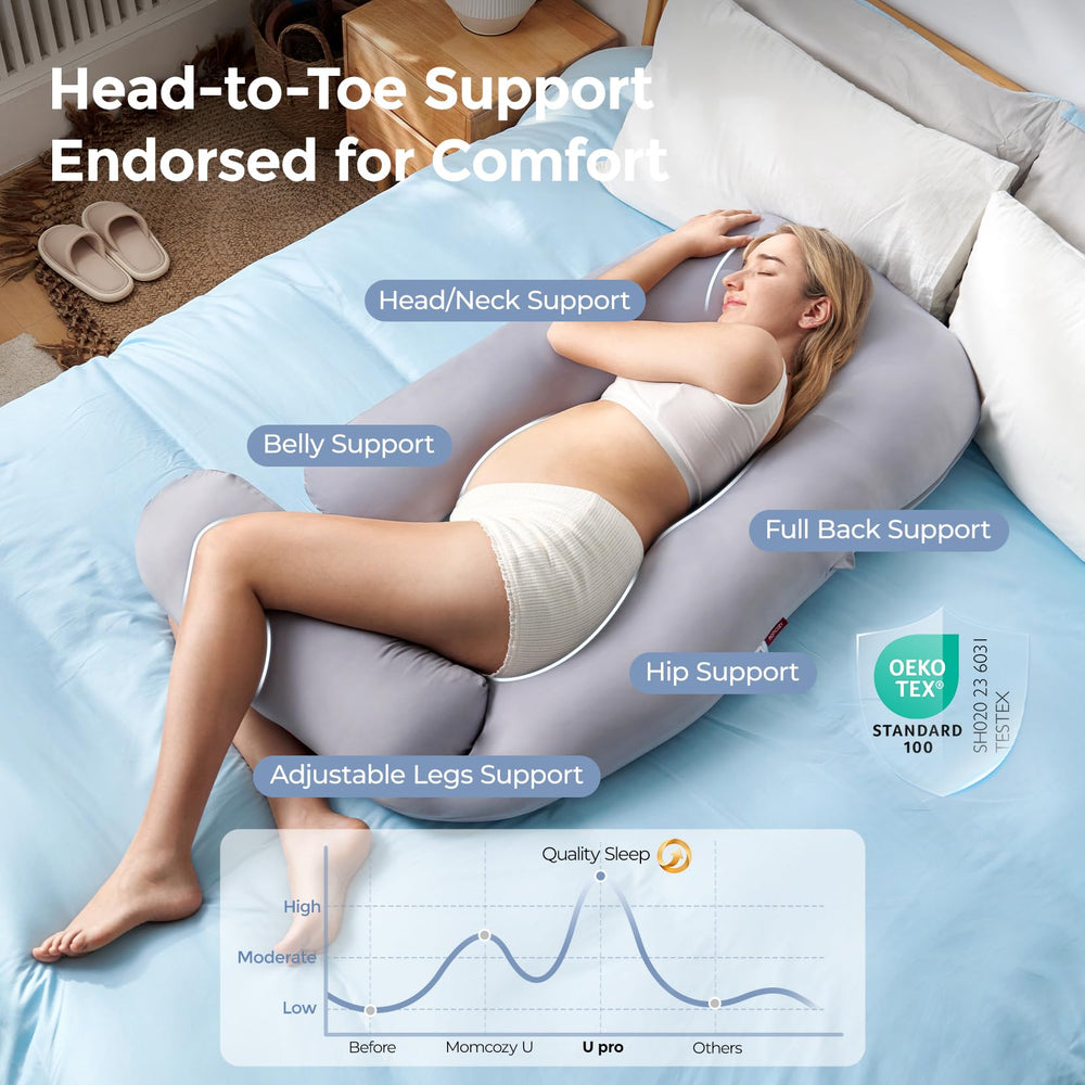 Momcozy pillow supports side sleeping for pregnancy comfort during long nights.