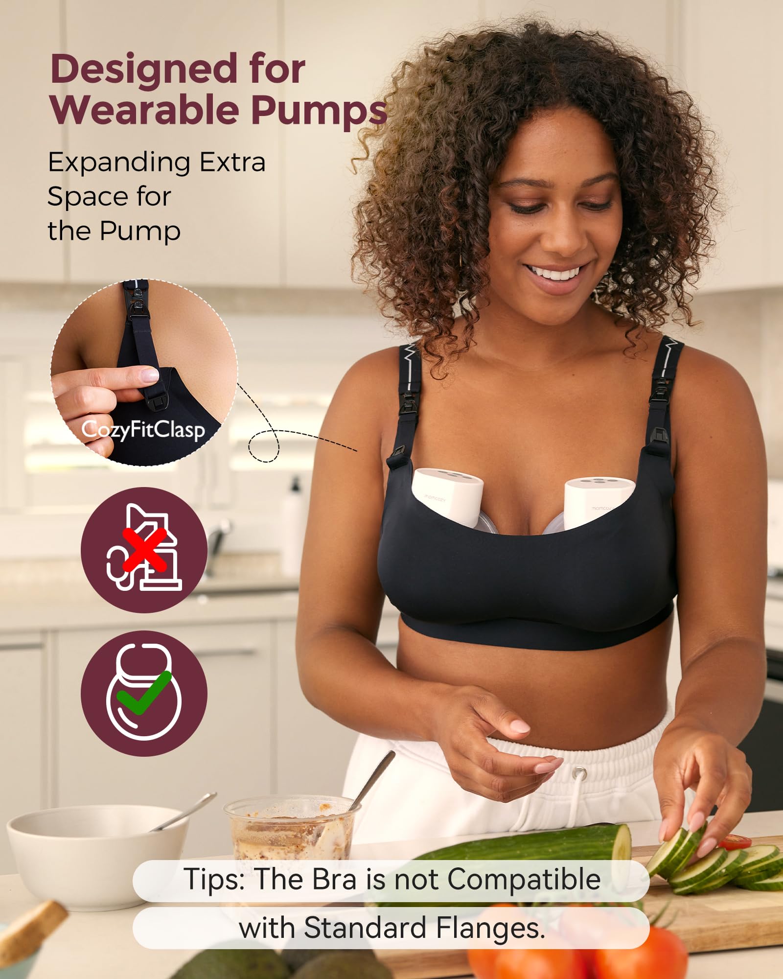 Momcozy pumping bra for wearable-pumps-s12-pro securely fits and supports pumping sessions.