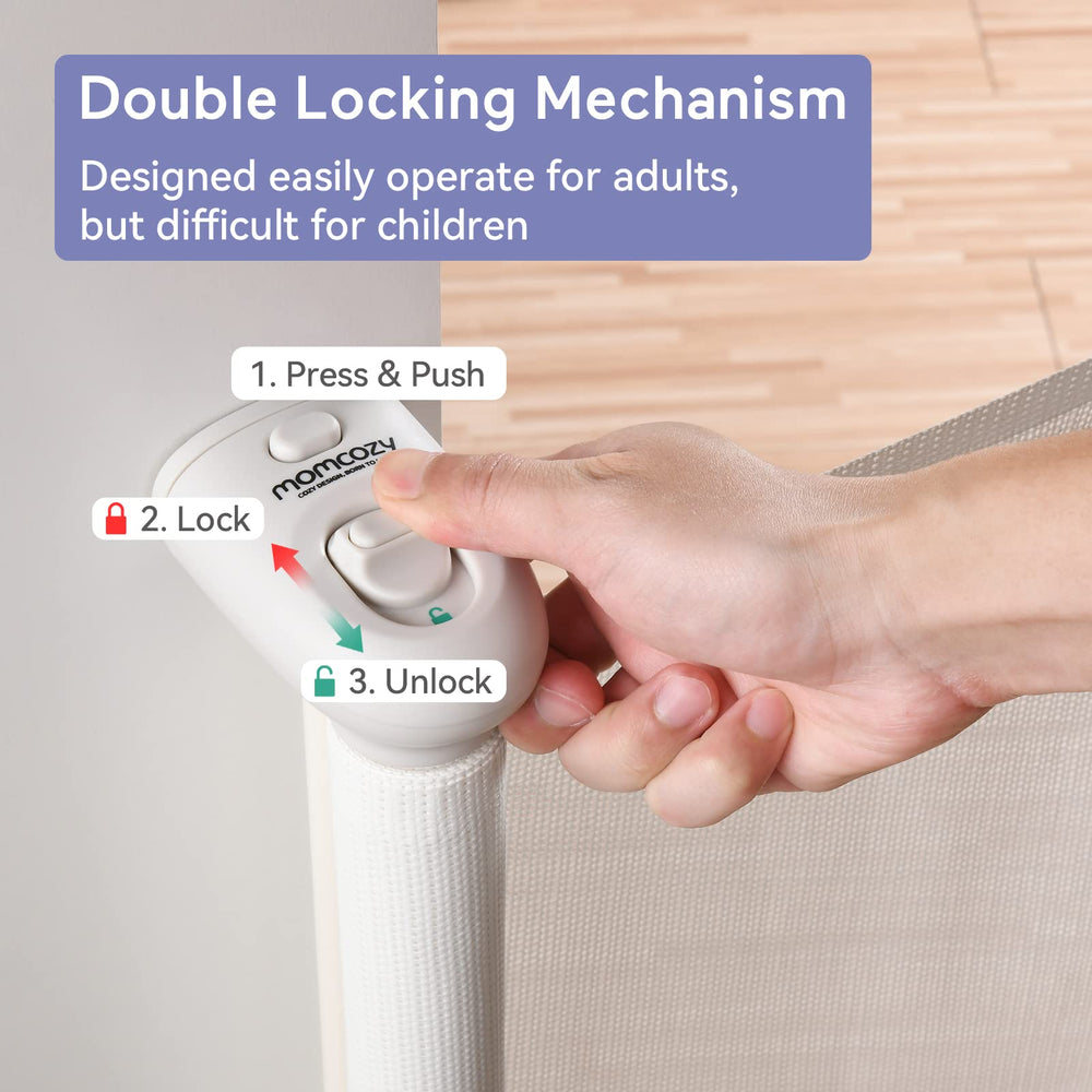 Momcozy retractable gate shown closed and locked for staircase safety.