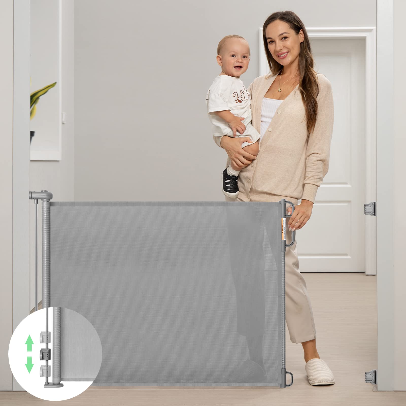 Momcozy retractable gate extended to 71 inches in doorway.