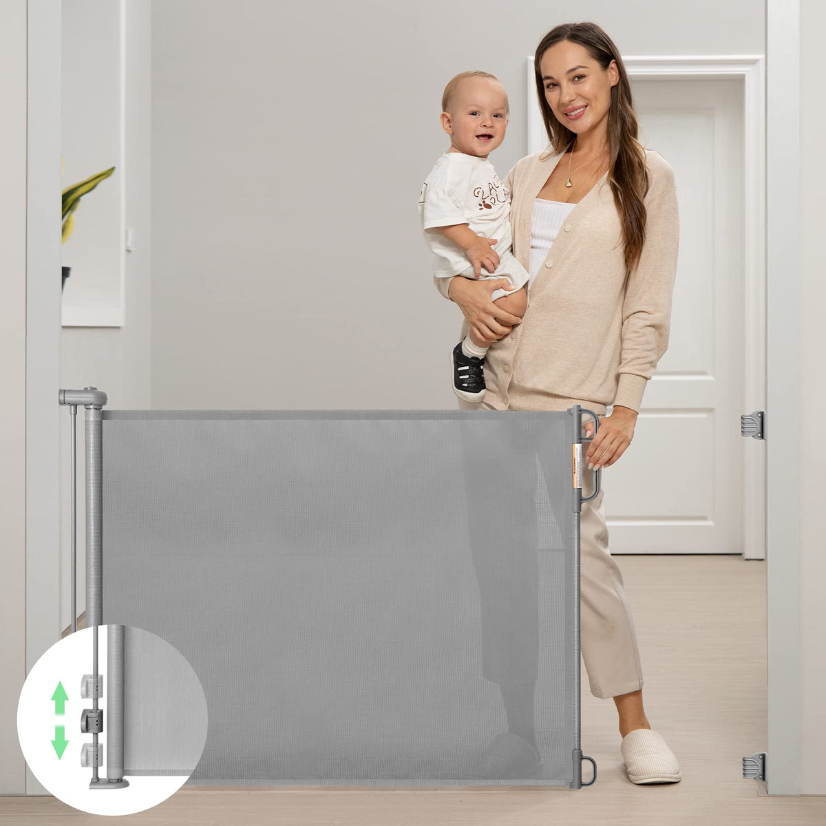 Momcozy retractable gate extended to 71 inches in doorway.