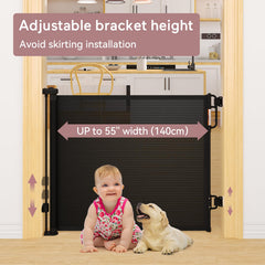 Momcozy retractable baby gate extended to 55 inches for wide openings.