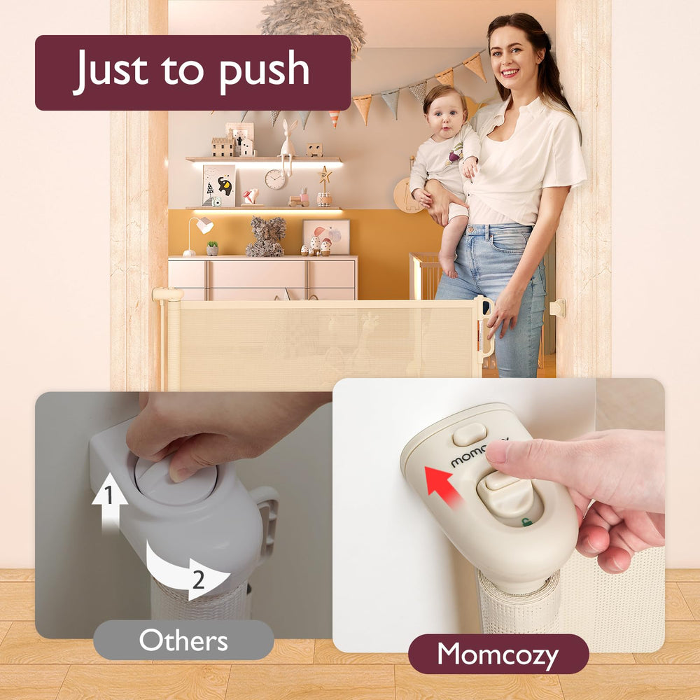 Momcozy retractable gate demonstrates one-handed operation for busy moments