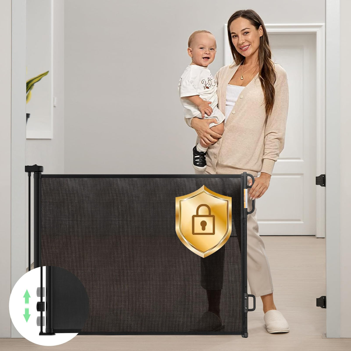 Momcozy retractable baby gate setup for doorway with easy one-handed use.