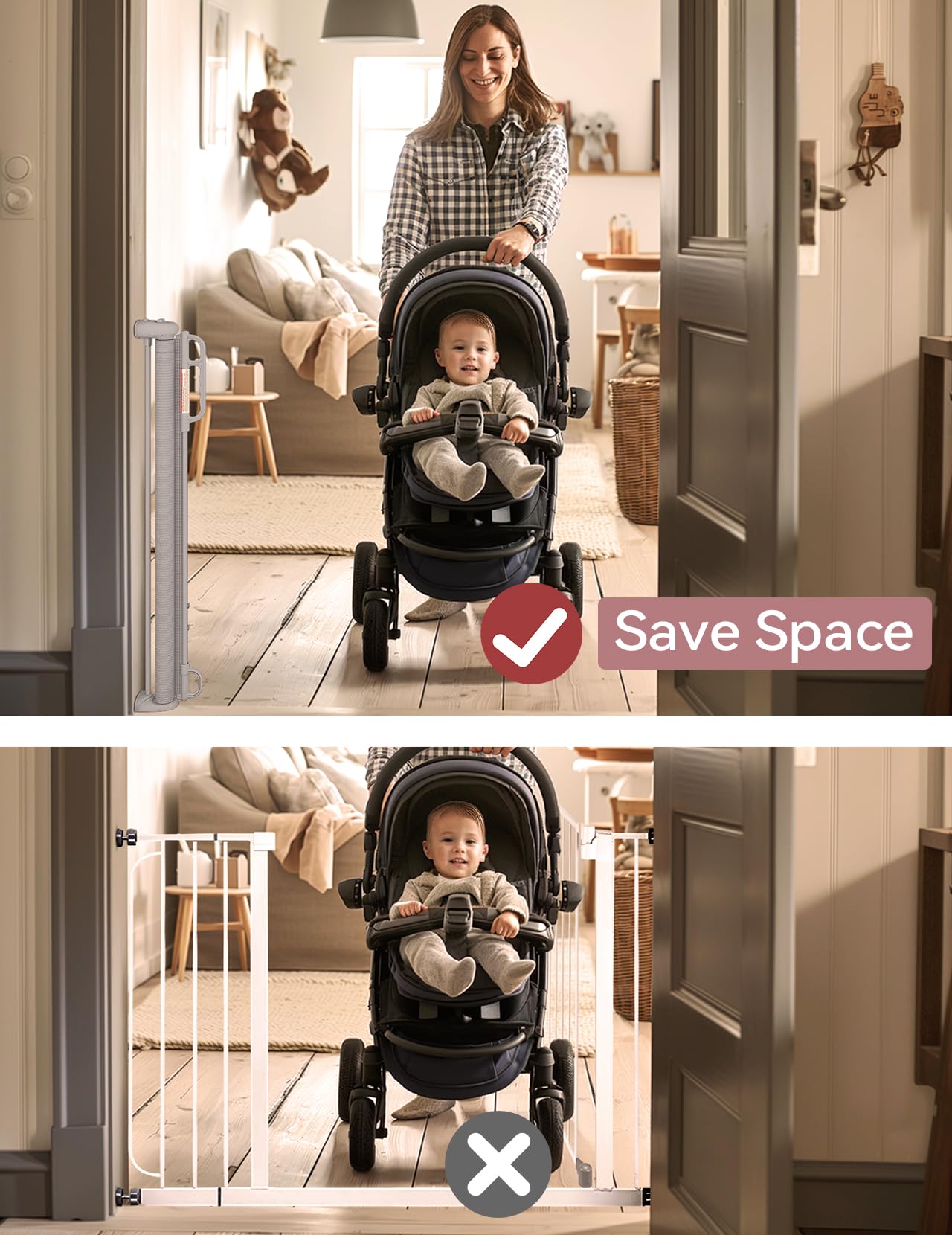 Momcozy retractable gate doorway-use highlights easy setup in doorways.