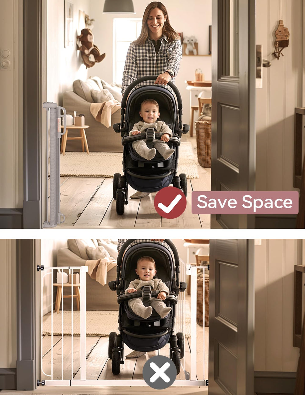 Momcozy retractable gate doorway-use highlights easy setup in doorways.