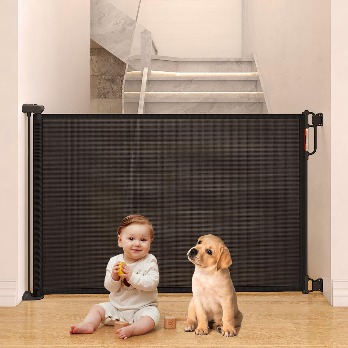 Momcozy retractable gate extended across a wide doorway for safer play.