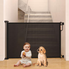 Momcozy retractable gate extended across a wide doorway for safer play.