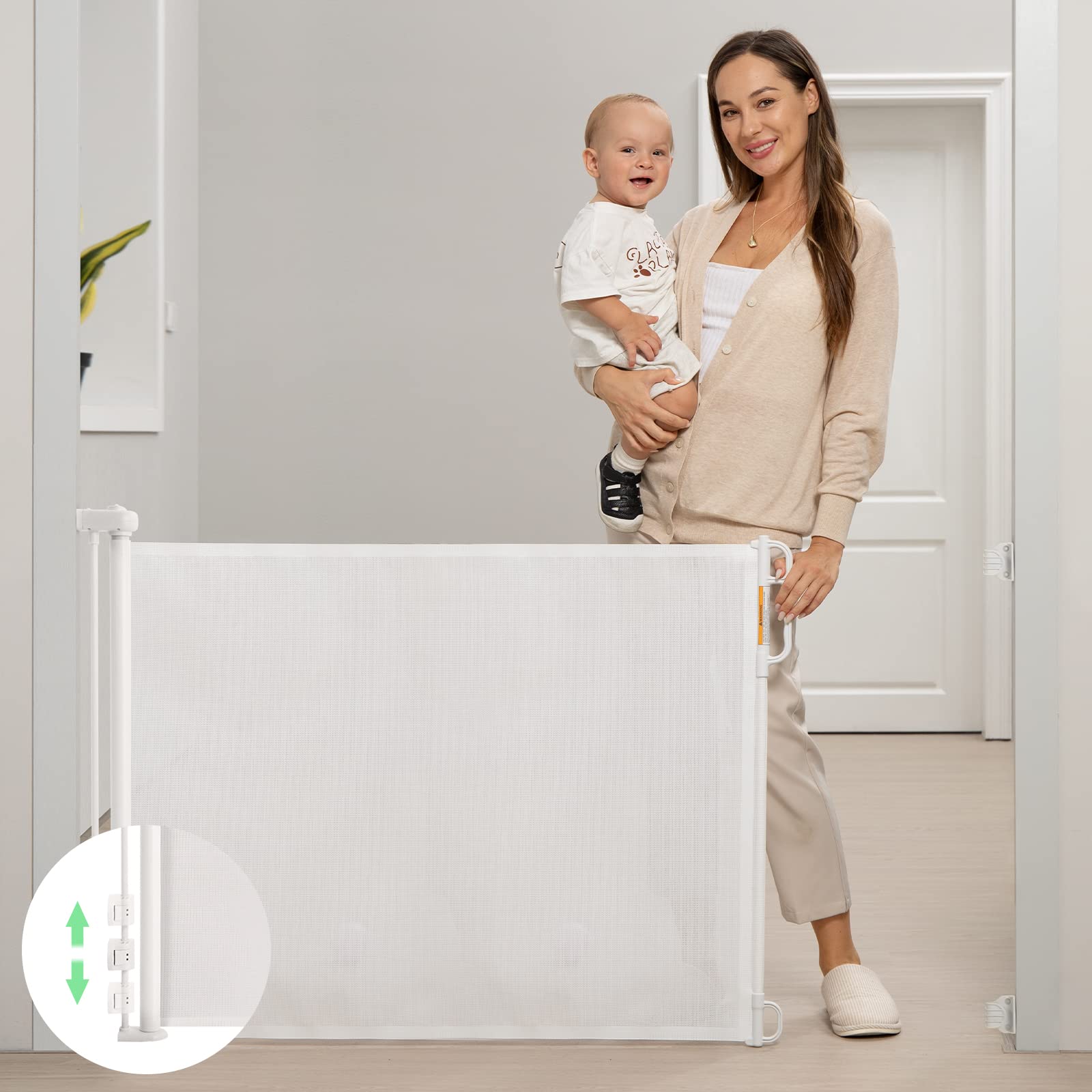 Momcozy retractable gate mesh extended to 71 inches for wide doorways and versatile spaces.