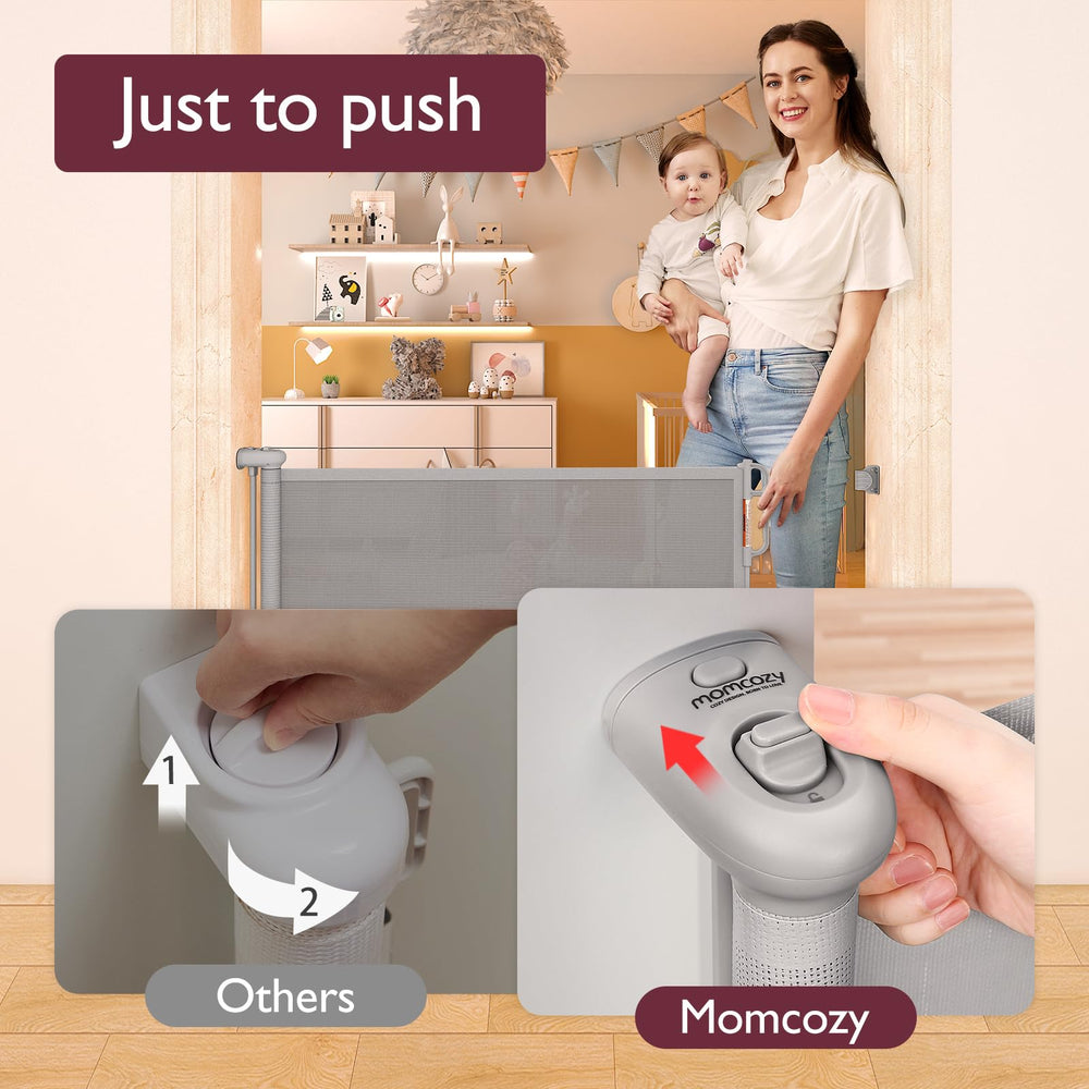 Momcozy retractable gate stair-use emphasizes secure stairs for kids and pets.