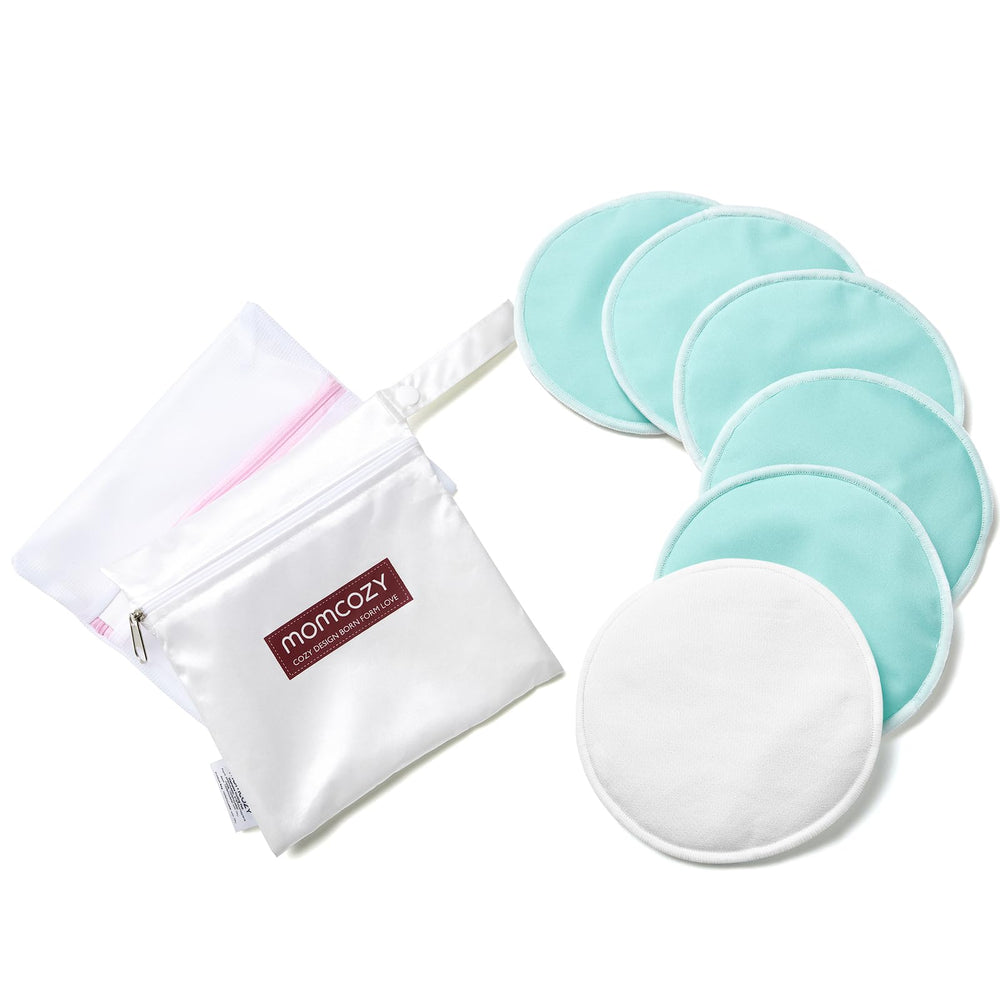 Momcozy reusable nursing pads with one-way fabric for dry, breathable skin.