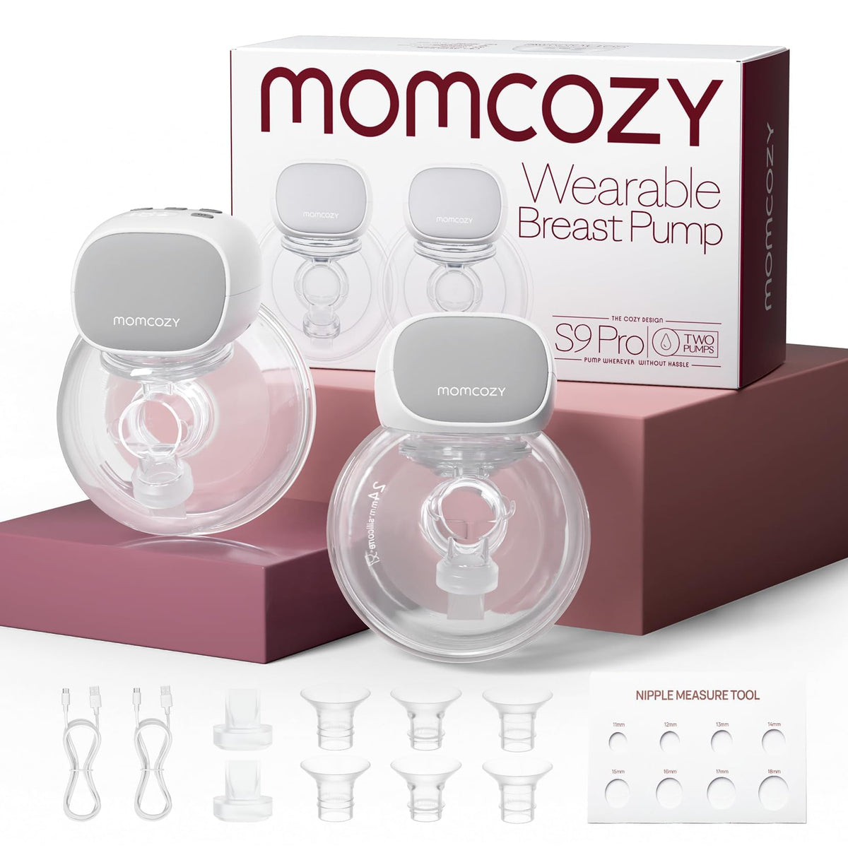 Momcozy S9 Pro wearable breast pump front view emphasizes compact, discreet pumping design.