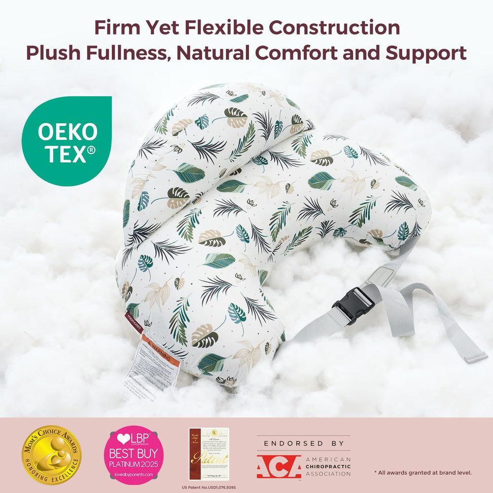 Momcozy nursing pillow close-up fabric shows soft removable cotton cover for cleaning