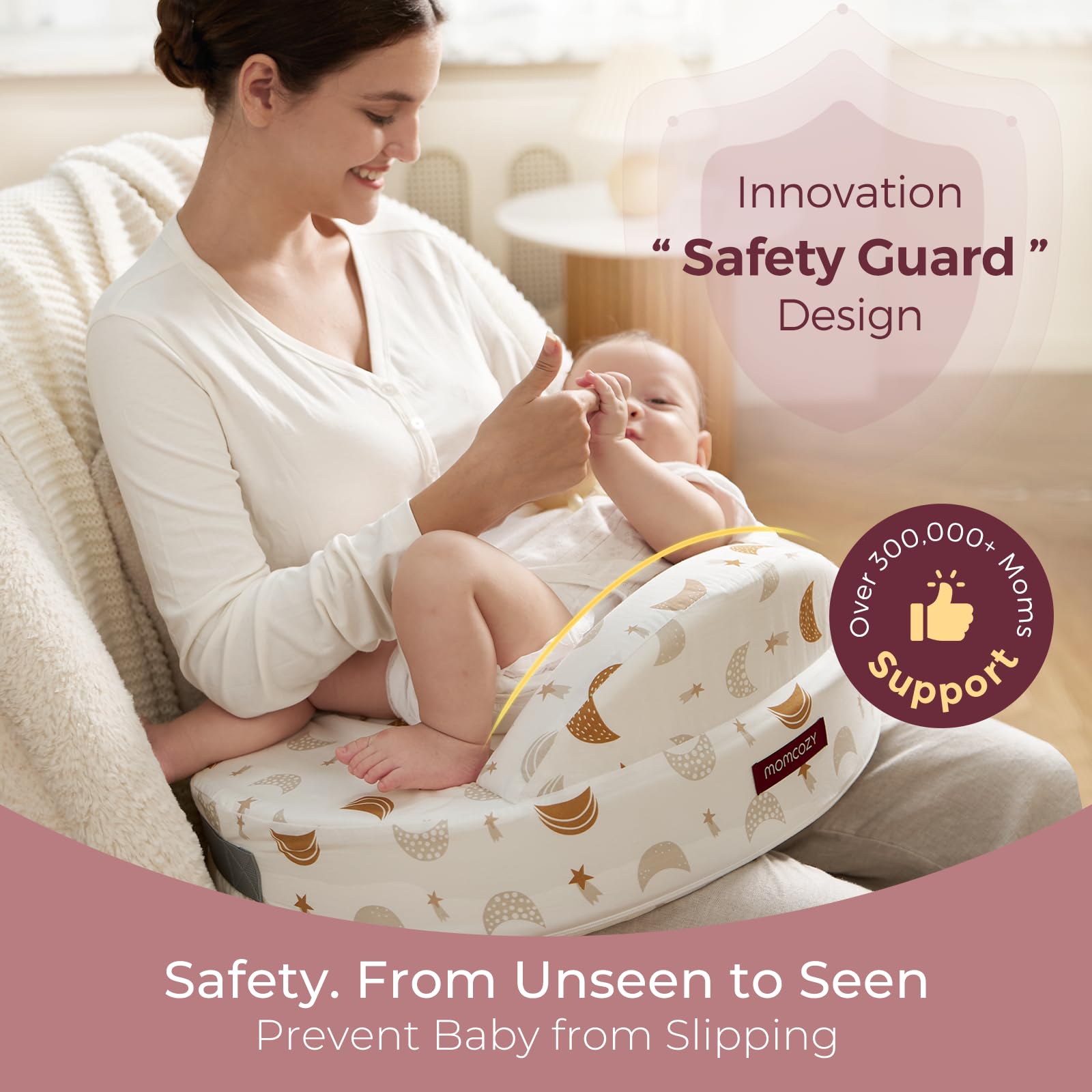 Momcozy safety guard cradle showing baby positioning to prevent slips.