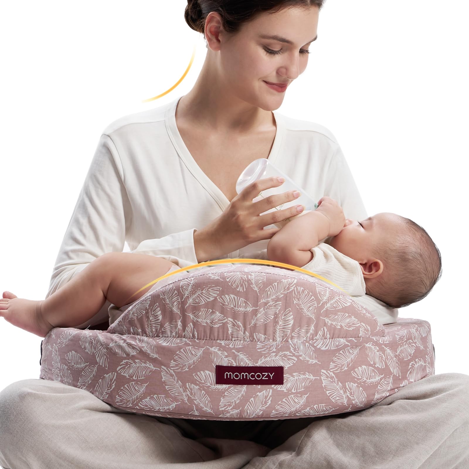 Momcozy Safety Guard Nursing Pillow shows ergonomic support for comfortable latching.