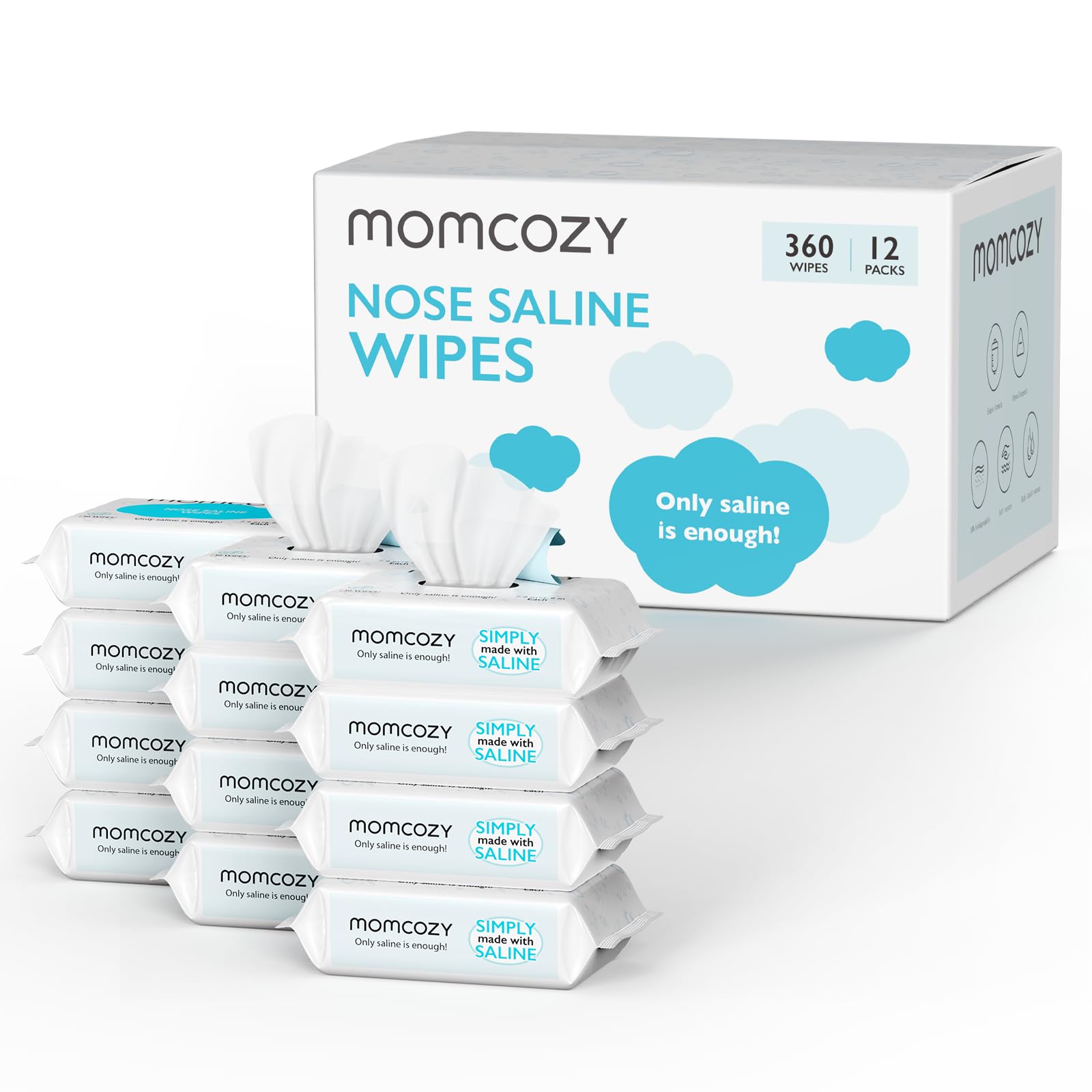 Momcozy saline nose wipes close-up showing the moisture-seal that keeps wipes moist.