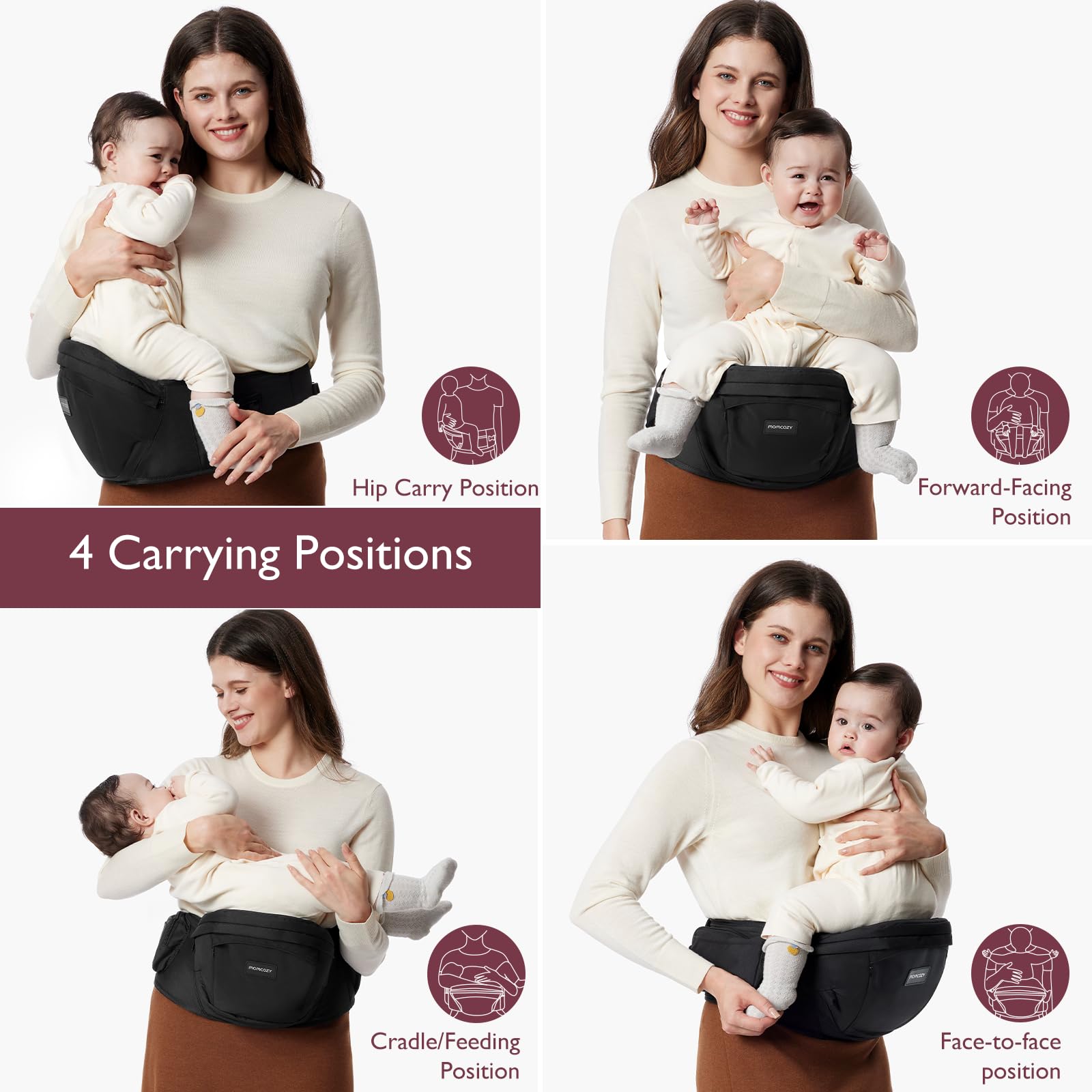 Momcozy side-carry position enables quick tasks while baby stays secure.