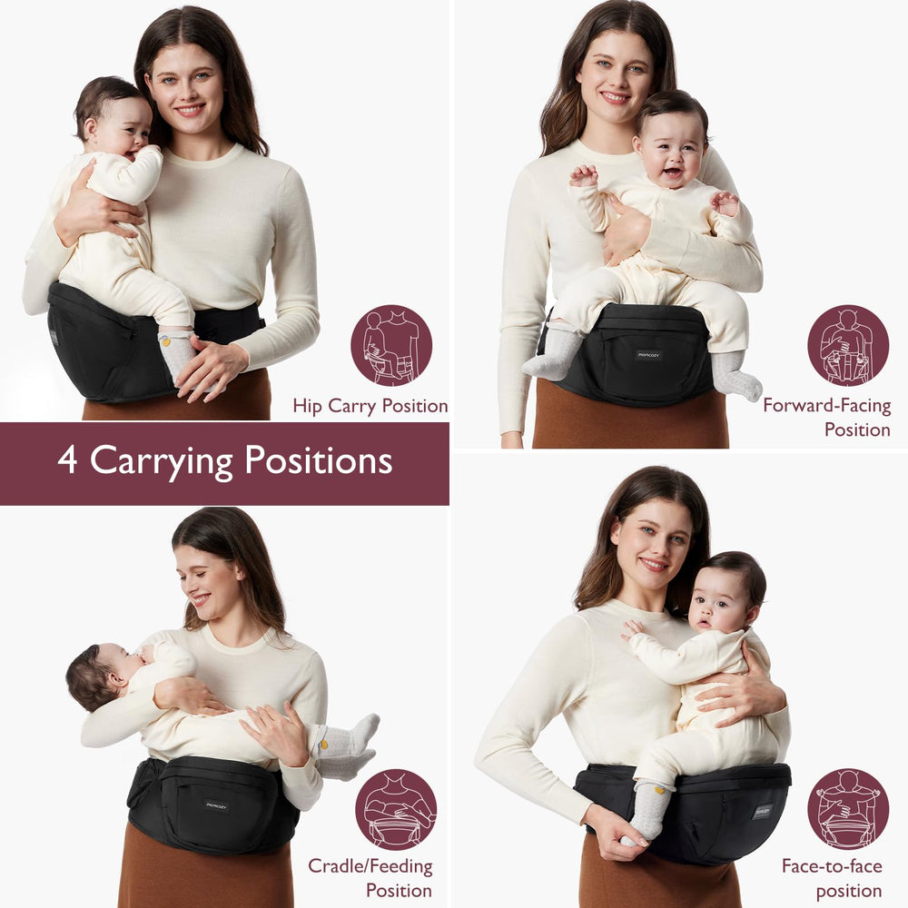 Momcozy side-carry position enables quick tasks while baby stays secure.