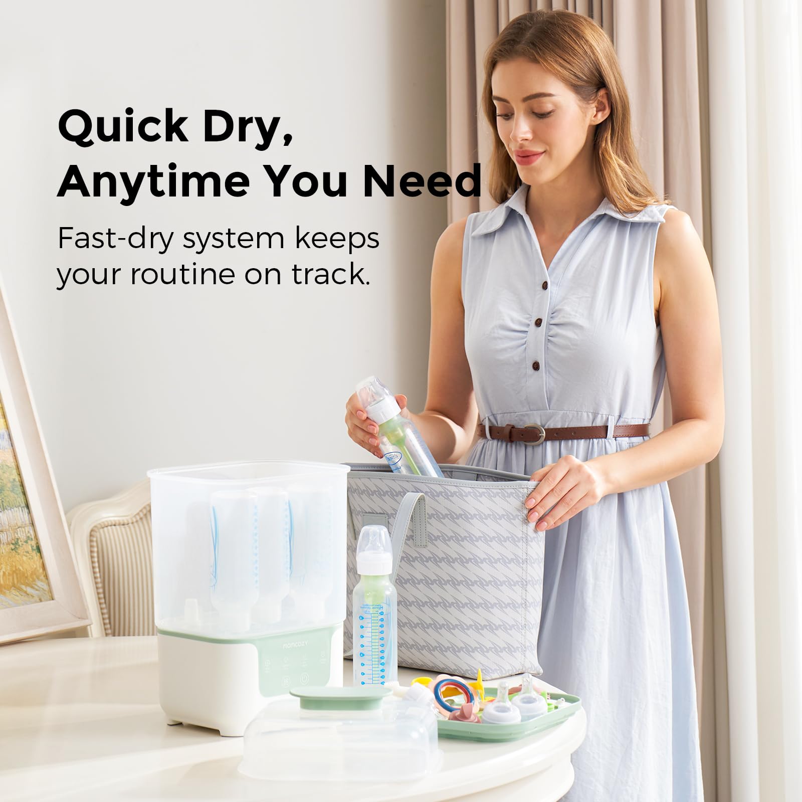 Momcozy six-bottle capacity fits standard bottles and newborn essentials