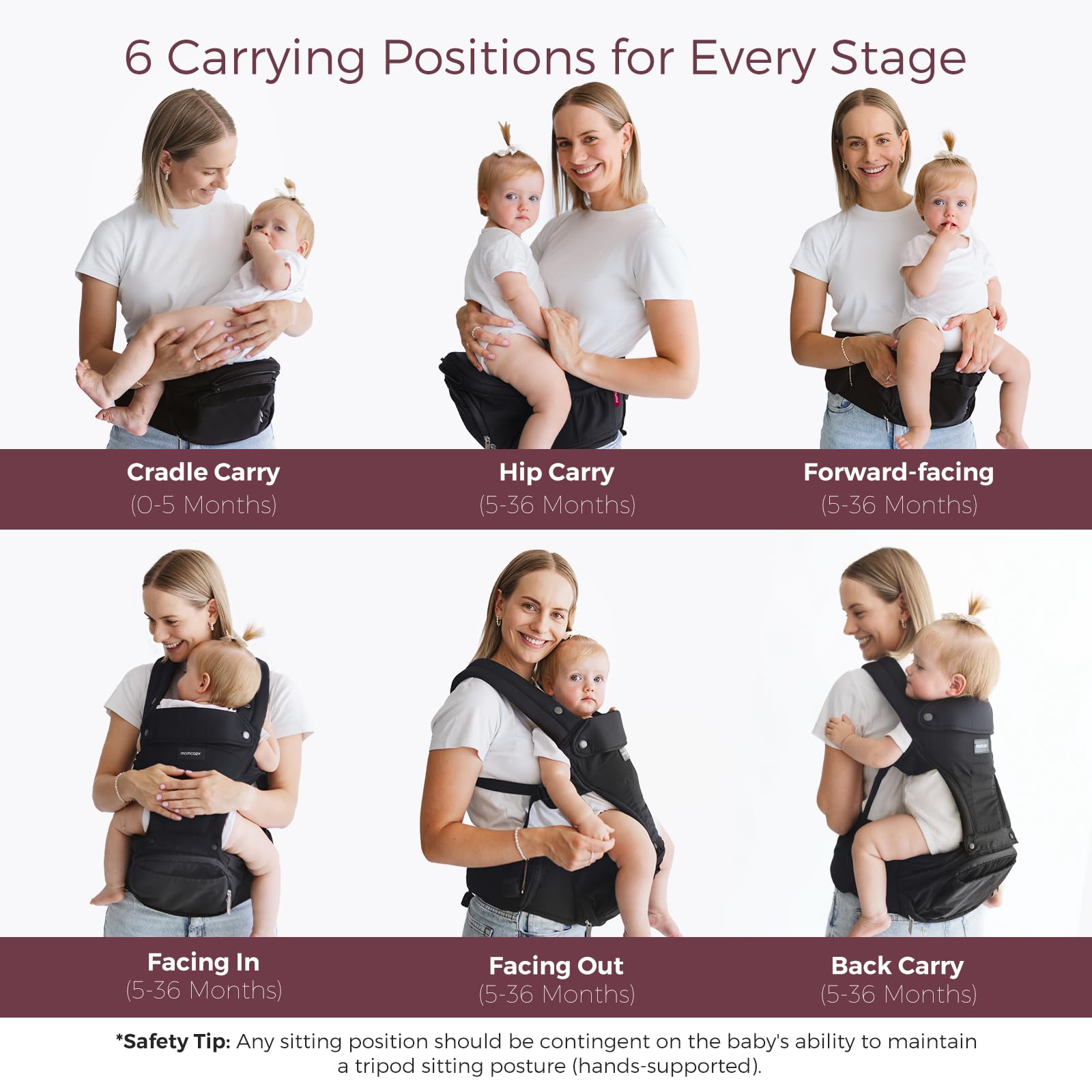 Momcozy six-position carrier offers versatile front or back carrying.