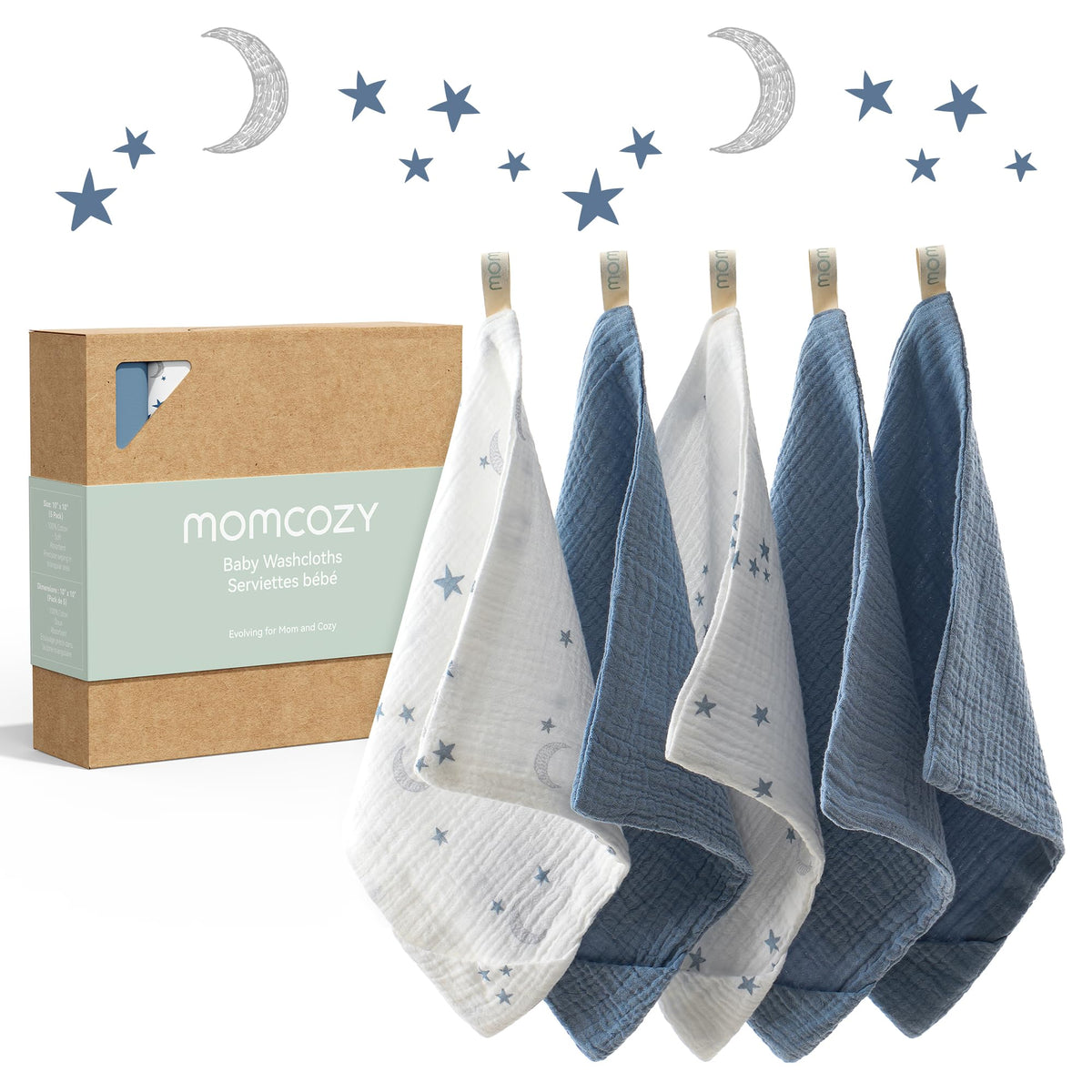 Momcozy soft washcloths with a 4-layer design showing quick drying and gentle cleansing.