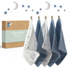 Momcozy soft washcloths with a 4-layer design showing quick drying and gentle cleansing.