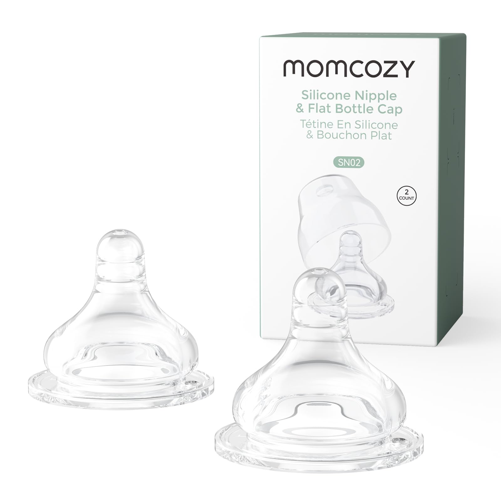 Momcozy soft baby nipple with natural flow mimics breastfeeding for smoother latch.