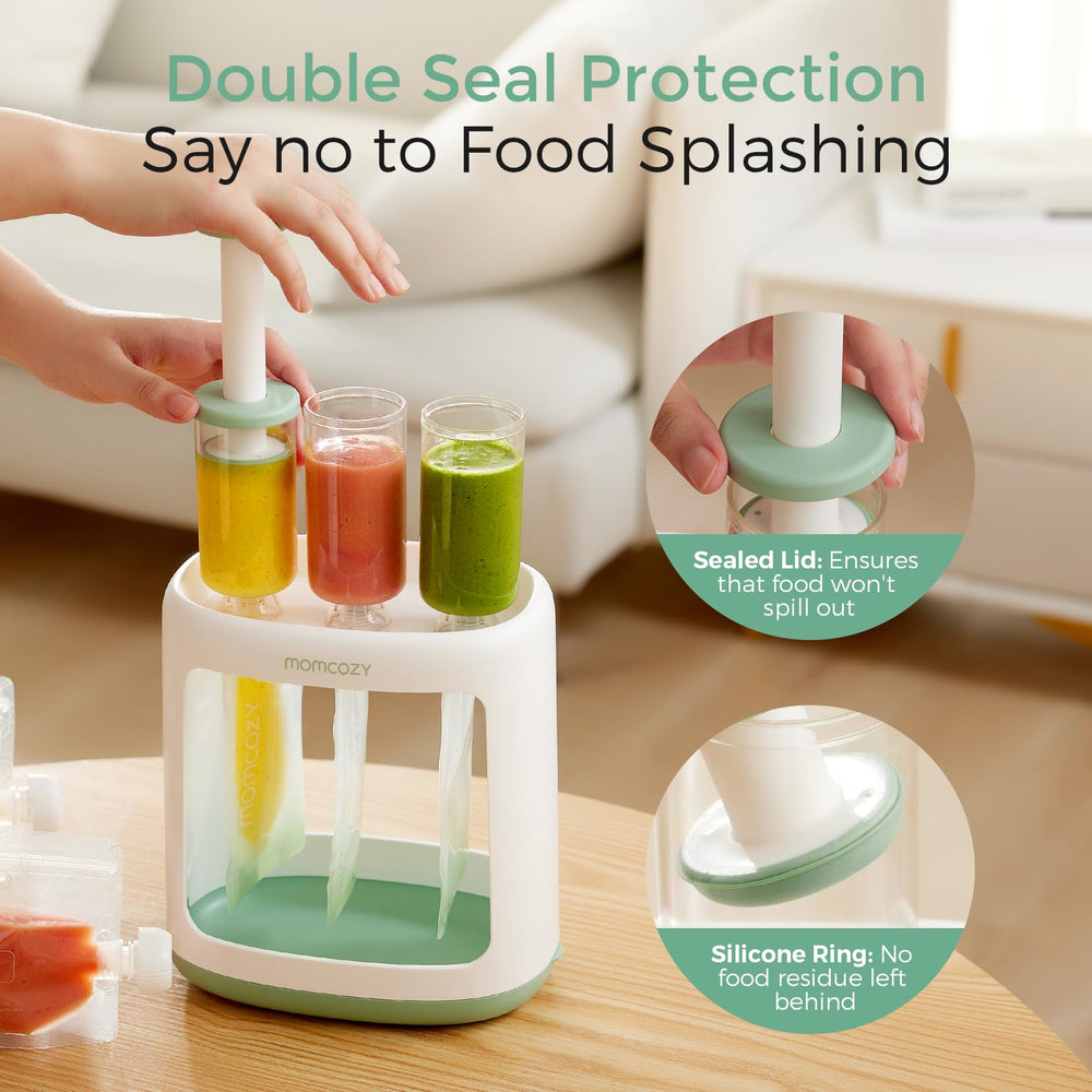 Momcozy Squeeze Station shows anti-splash tubing to minimize splatter during puree filling.