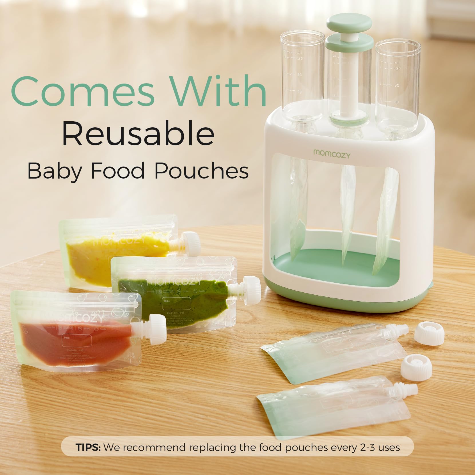 Momcozy BPA-free reusable pouches help reduce waste and support homemade feeding.