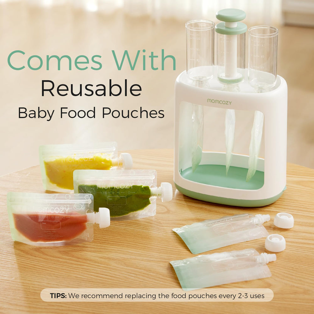 Momcozy BPA-free reusable pouches help reduce waste and support homemade feeding.