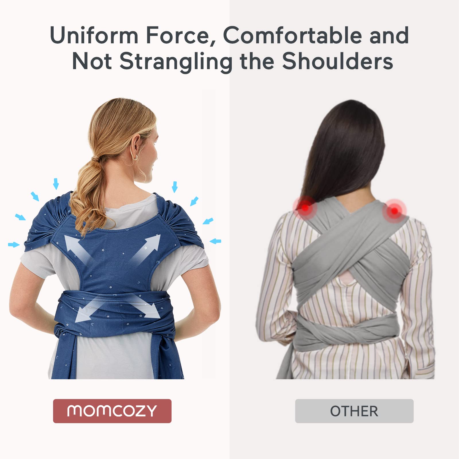 Momcozy Starry Sky wrap demonstrates hip-friendly hold for growing babies