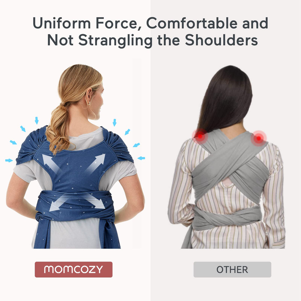 Momcozy Starry Sky wrap demonstrates hip-friendly hold for growing babies