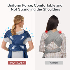 Momcozy Starry Sky wrap demonstrates hip-friendly hold for growing babies